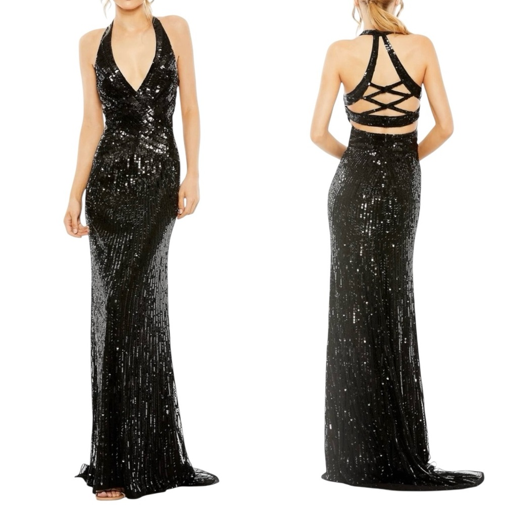 NWT Mac Duggal Black Faux Wrap Sequin Embellished Dress Gown #5390 Size 6